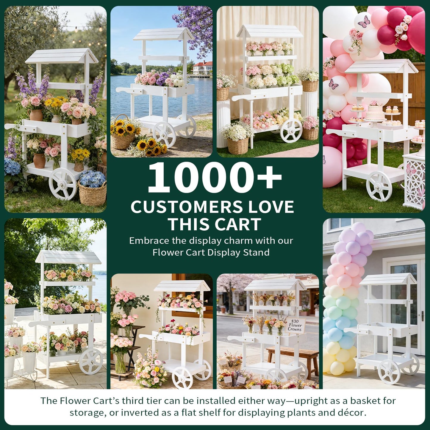 Sicrifety Flower Cart Display Stand with Wheels, 3-Tier Wooden Candy Cart for Party, White Dessert Cart with Canopy Roof for Weddings, Bridal Shower, Baby Shower, Market & Event Decor