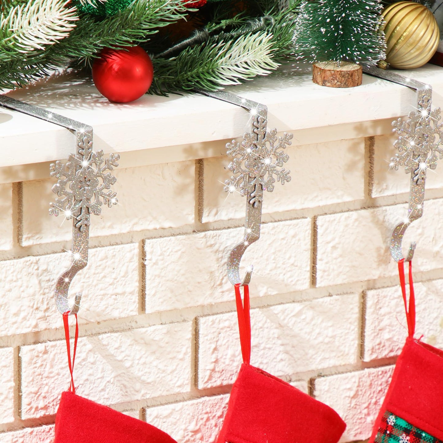 Gisafai Set of 12 Glitter Christmas Mantle Stocking Holders Snowflake Christmas Stocking Hangers Weighted Shiny Metal Fireplace Mantel Non-Slip Hooks for Xmas Party Decoration(Sliver)