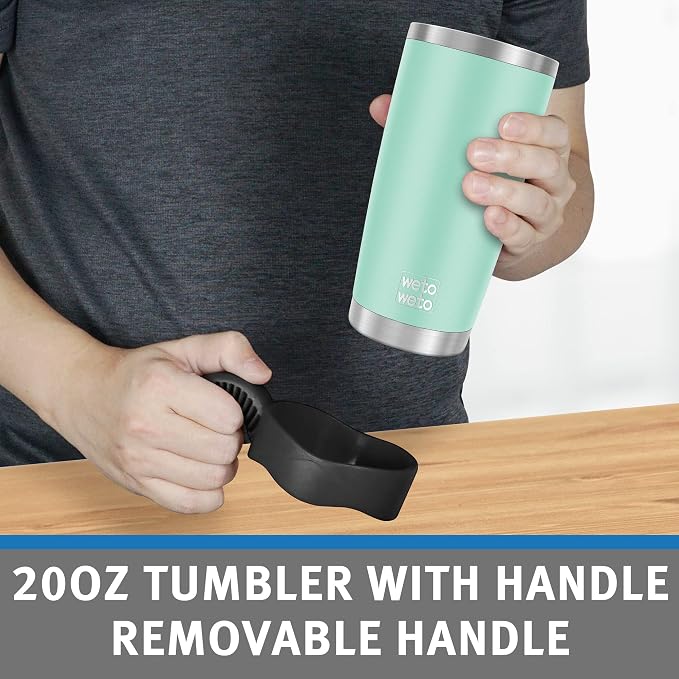 WETOWETO 20oz Tumbler with 2 lids and 2 straws, Stainless Steel Vacuum Insulated Water Coffee Tumbler Cup with Handle, Double Wall Powder Coated Travel Mug Thermal Cup (Light Green, 1 Pack)