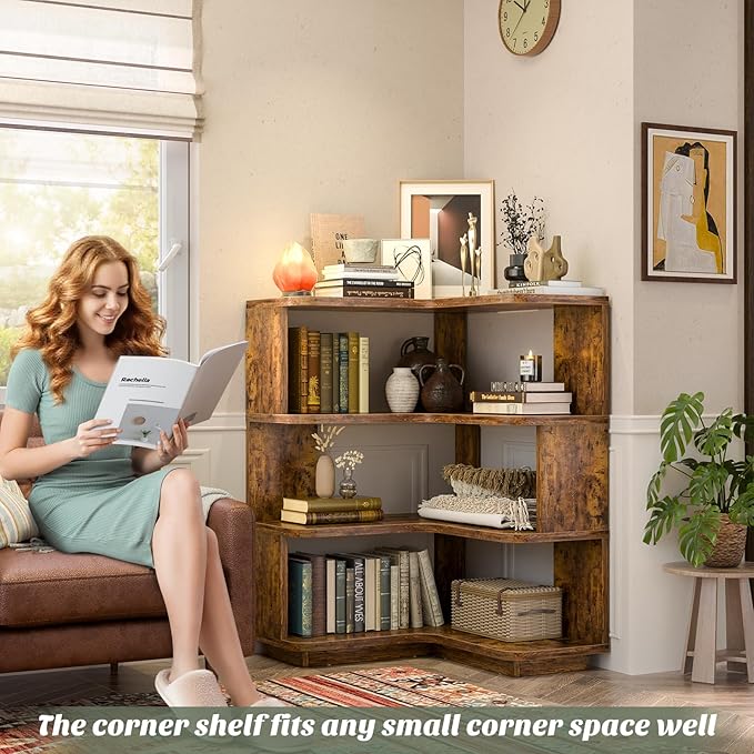 Armocity Corner Book Shelf - 4 Tier Corner Bookshelf Etagere Bookcase with Baffle, Freestanding L Shaped Display Shelf Stand for Home Office, Living Room, Bedroom, Kitchen, Rustic Brown