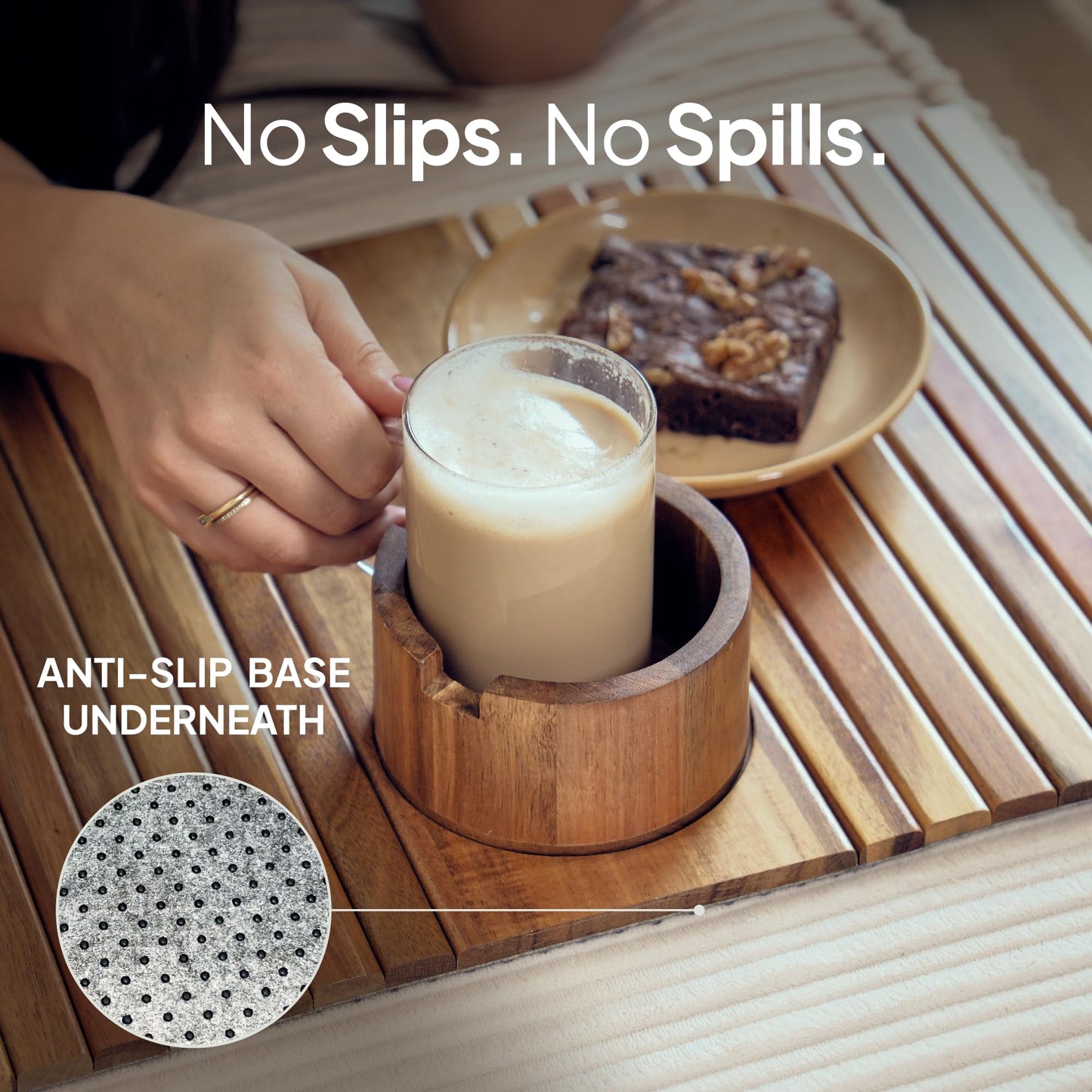 Acacia Couch Arm Tray for Drinks and Snacks with Detachable Cup Holder, Anti Slip Base and Foldable Design, Wooden Sofa Arm Tray for Convenient Couch Side Use