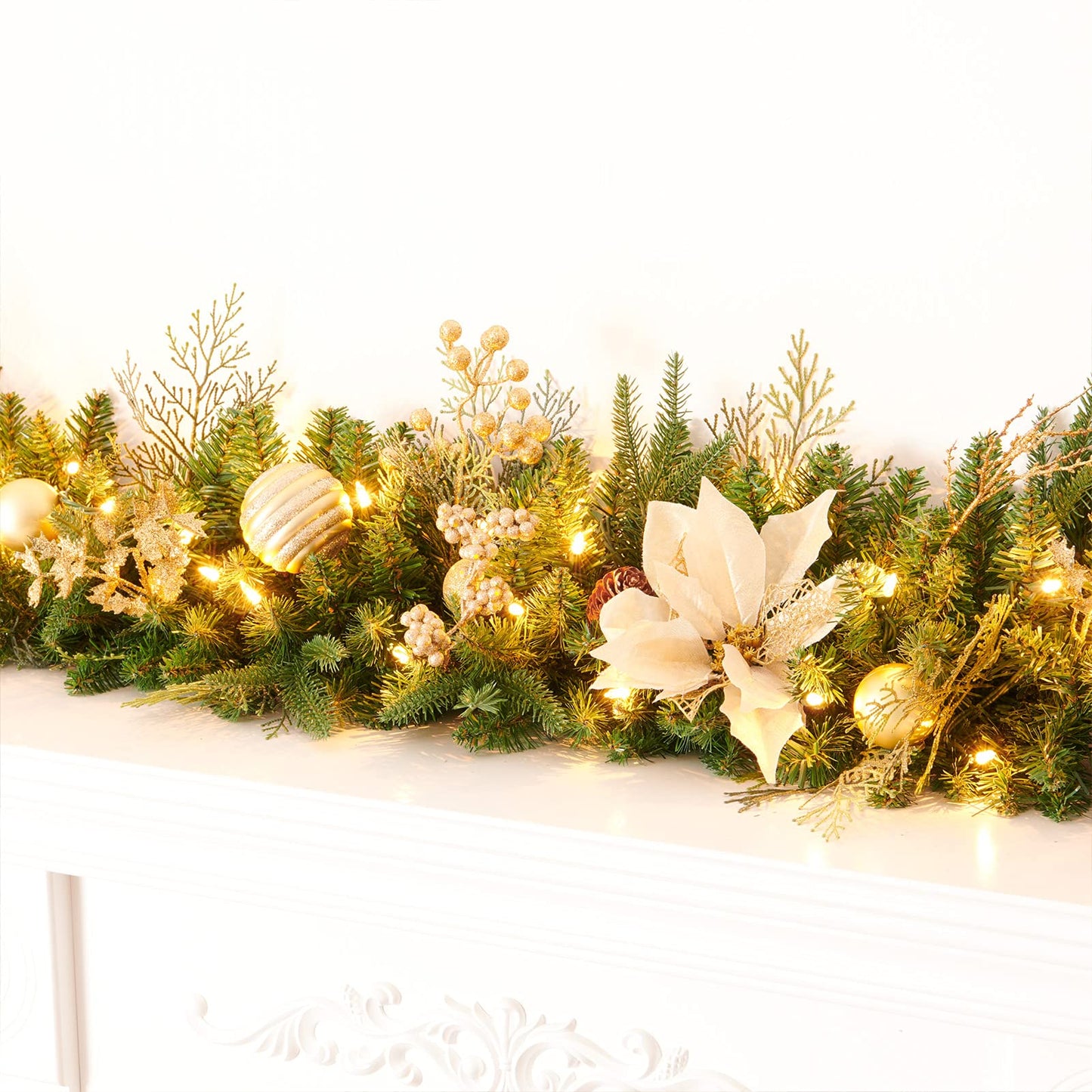 AMERZEST 9Ft Christmas Garland Prelit with Gold Berries and Balls,Flower and 50 Lights Plug in,Holiday Decoration Fireplace Stairs Mantle Door Indoor Outdoor