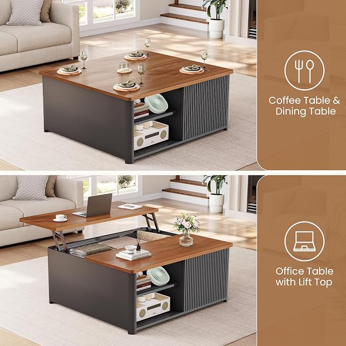 SEDETA 31.5" Lift Top Coffee Table with Storage, Square Coffee Tables for Living Room, Fluted Coffee Table with Large Hidden Storage Compartment and Adjustable Shelves, Fluted Black