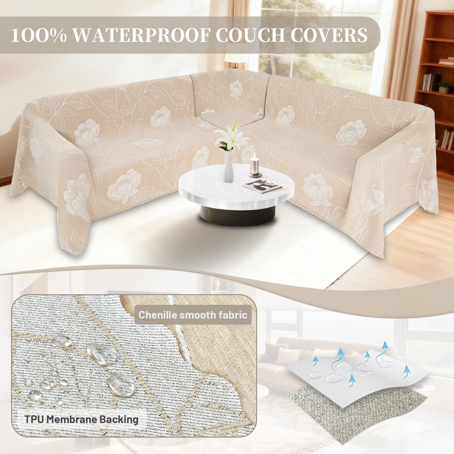 SYJOVIA 1OO% Waterproof Sectional Couch Covers for Dogs L Shaped Corner Sofa Cover Washable Chenille Sofa Slipcovers Blanket Modern Jacquard Pet Furniture Protector (91"x252", Beige Flower)