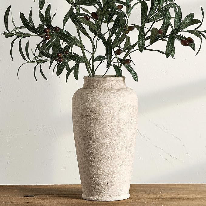 Ceramic Flower Vase, Large Rustic Vase Farmhouse Decorative Tall Vase Floral Pottery Vases for Home Decor Table Living Room Entryway Mantel Bedroom Bathroom Kitchen - 12" D