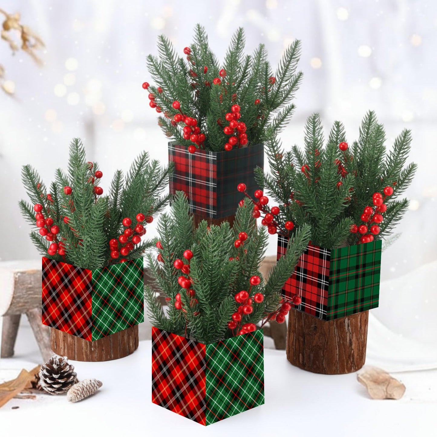Zeyune 4 Set Christmas Centerpiece for Table Bulk, 4.7 Inch Xmas Centerpiece Decoration Ideal with Artificial Pine Branches and Red Berries Stems for Xmas Party Indoor Home Decor (Christmas Plaid)