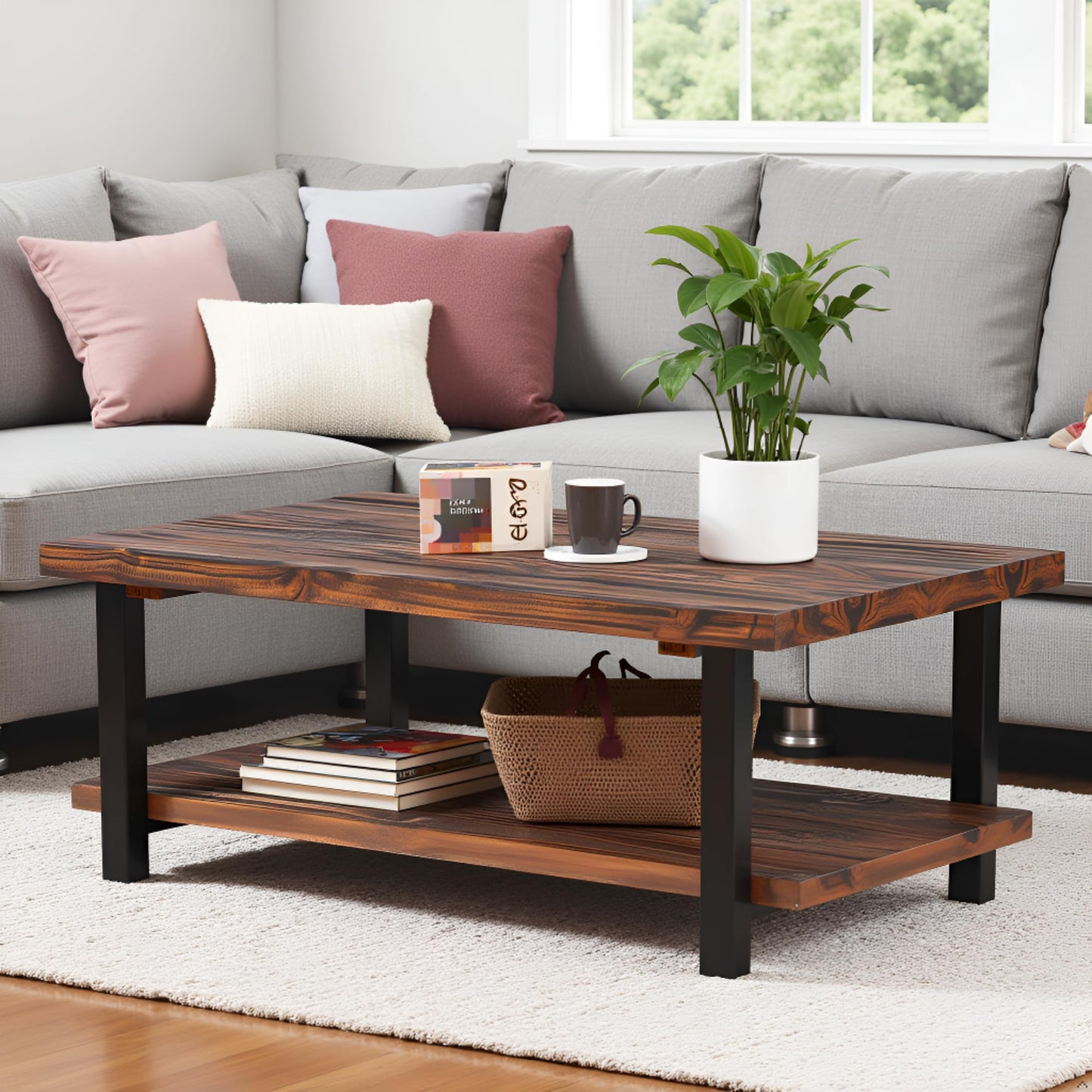 Alaterre Furniture Pomona Living Room 48 Inch Rectangular Solid Wood Coffee Table with Storage Shelf & Metal Legs – Rustic Industrial Farmhouse Large Living Room Table (Rustic Brown)