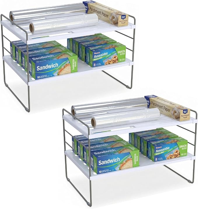 YAN & HIN 2 Pack Expandable Cabinet Organizer Shelf, 3-Tier Kitchen Cabinet Organizer for Tupperware & Food Container Storage, Adjustable Pantry Shelf Organizer for Bottles, Lids & Countertop