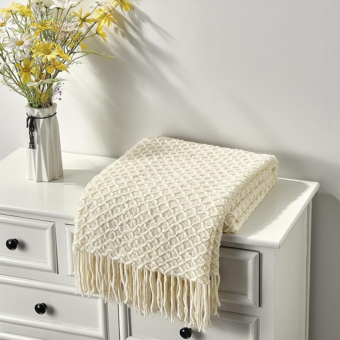 CREVENT Farmhouse Boho Knitted Throw Blanket for Couch Sofa Chair Bed Home Decoration, Soft Warm Cozy Light Weight for Spring Summer Fall (60''X80'' Beige)