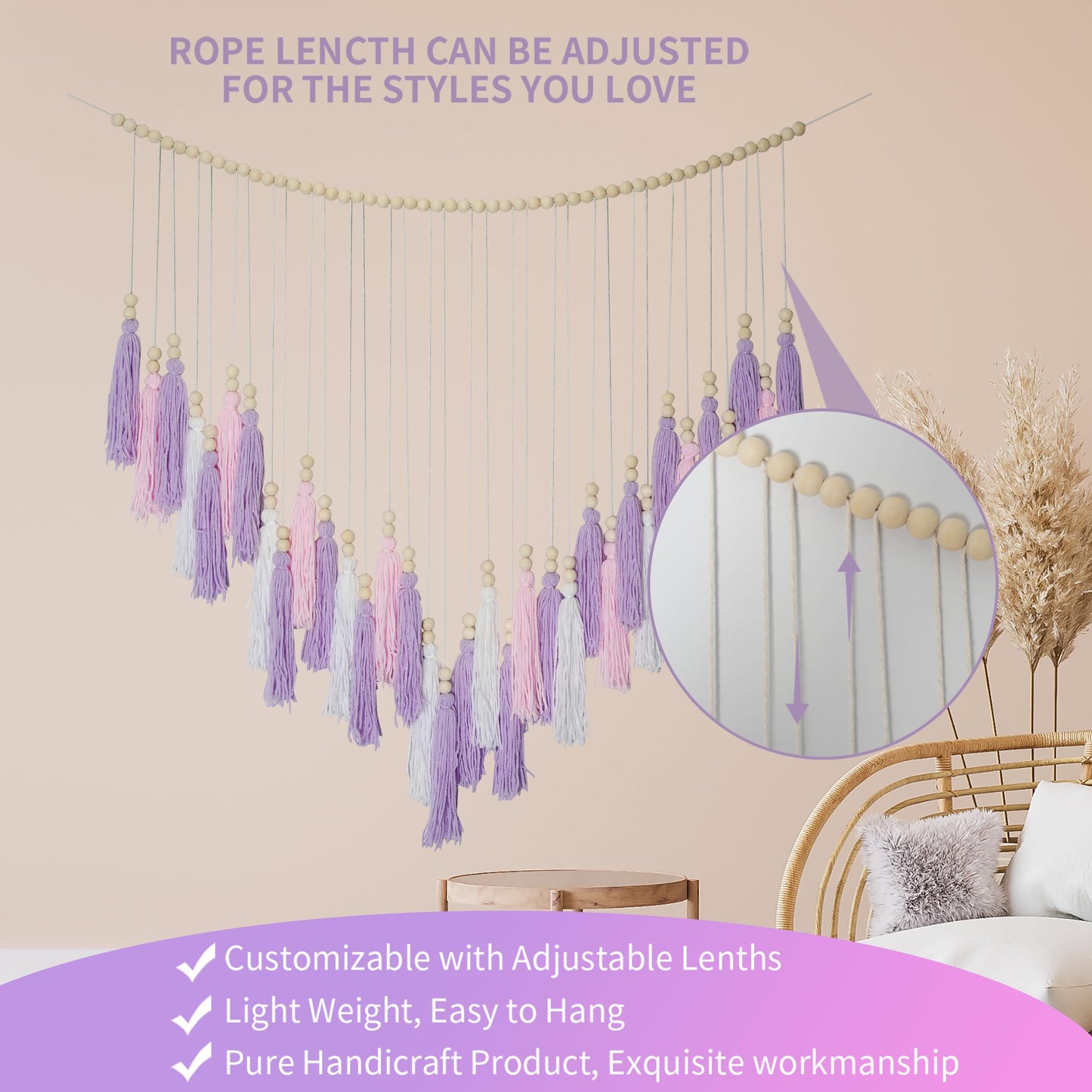Pink & Purple Macrame Hanging Boho Wall décor, Purple Wall Decor for Bedroom Living Room Girls Room Nursery Large Tassel Hanging with Wood Beads 41" W x 32" H