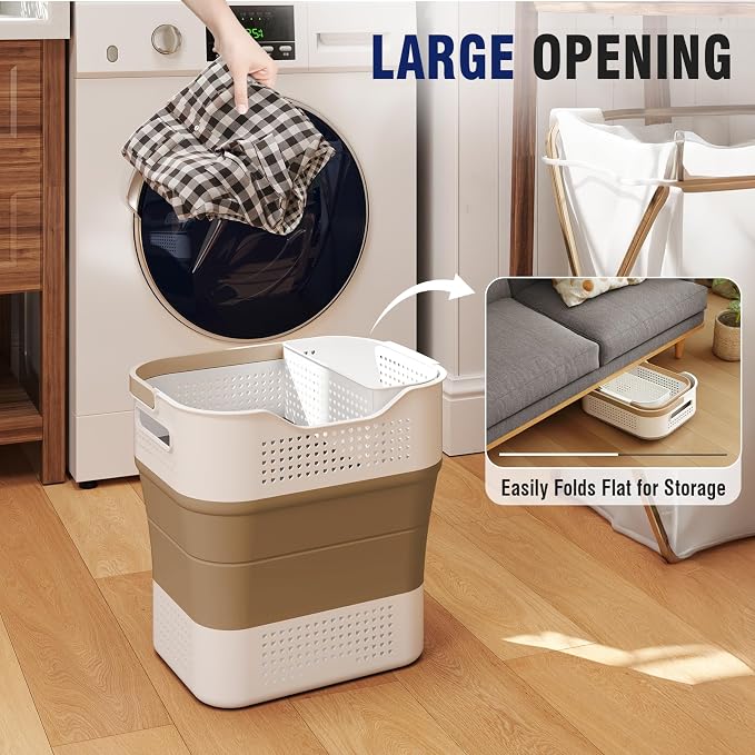 TECHMILLY Collapsible Plastic Laundry Basket Hamper with Handles, 35L Portable Rubber Clothes Basket, Pop Up Storage Container/Organizer with Hanging basket for Washing & Storage, Brown