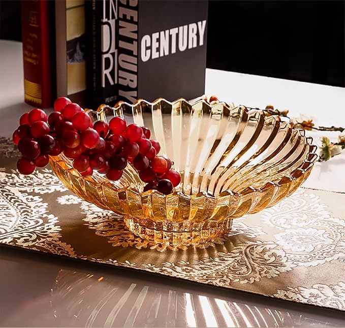 Glass Fruit Bowl or Decorative Bowl, used for Kitchen counter or living room center table decoration, 12.5 inch Fruit Bowl or Center Bowl (Amber)