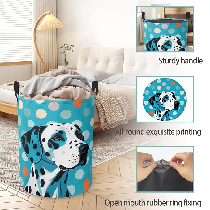 Dalmatian Dog Laundry Basket With Handles Tote Bag Oxford Cloth Funny Laundry Hamper Clothes Storage Bucket Toy Organizer 16" X 20.8"For Bathroom/Laundry/Bedroom