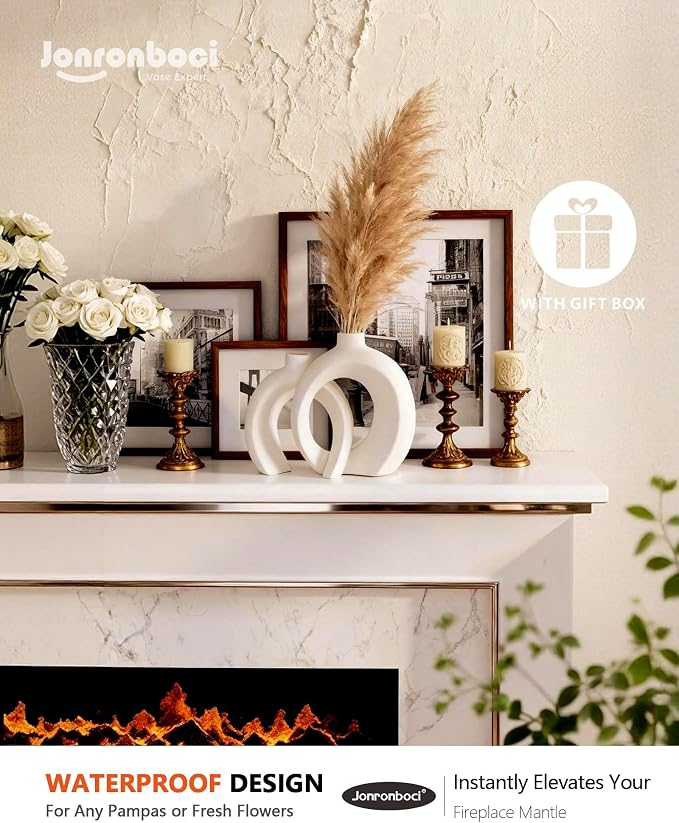 7.2″Hx8.9″H Donut Shape Decorative Vase Set of 2, Ceramic, Modern Minimalism Styles, Flowers or Plant Table Vases for Home Decor Living Room Shelf Entry Console Mantle Dining Centerpiece (Matte White)