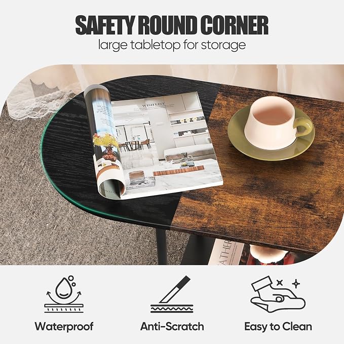 Coffee Tables for Living Room,Mid Century Small Oval Center Table with 2-Tier Storage Shelf and Wood Tabletop,Farmhouse Narrow Cocktail Tea Table for Small Space,Apartment,Black Brown