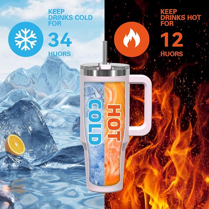 40 oz Tumbler with Handle,Tumbler with Lid and Straw,Double Wall Insulated Cup Stainless Steel Travel Mug(Cold for 34 Hours),Water Bottle for Iced Tea,Coffee,Cold Beverages(Rose Quartz)