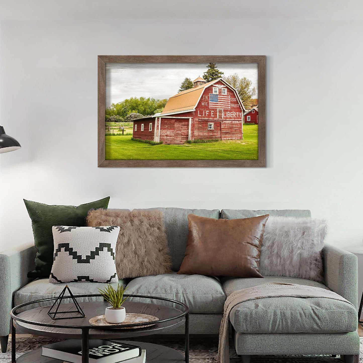 Rural Cabin Framed Wall Art - Rustic Red Farmhouse with American Flag Classic Barn Painting Country Landscape Picture Patriotic Artwork for Home Office