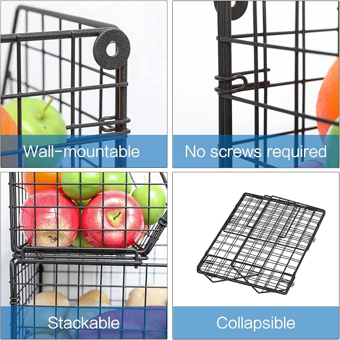 3-Tier Stackable Wire Baskets for Counter, Fruit and Vegetable Storage, Potato and Onion Storage Bin，Kitchen Pantry Organizer - Wall Basket for Produce/Snack/Can, Black