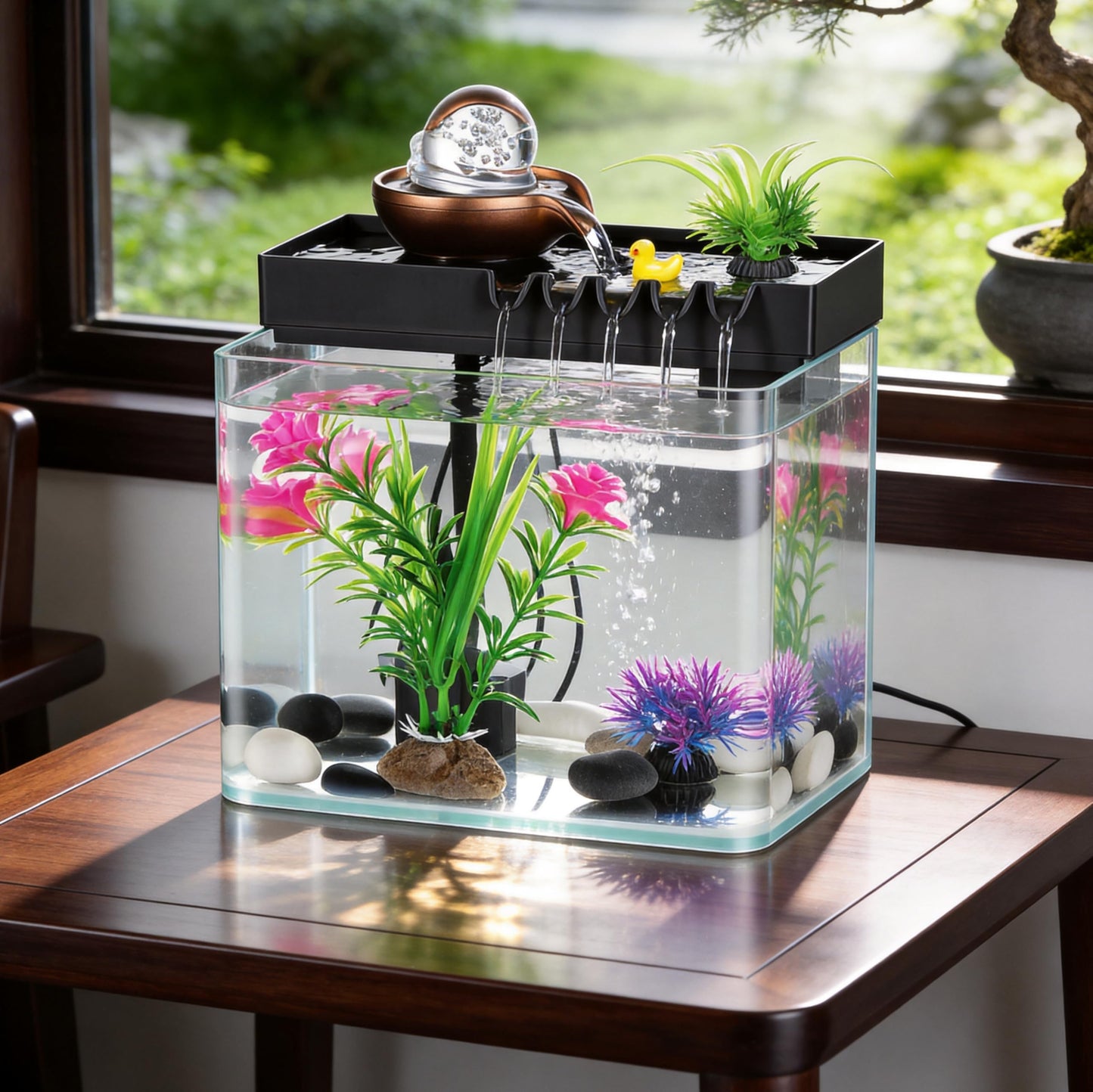 GY SoftGleam Indoor Water Fountain, 5-in-1 Tabletop Waterfall with Fish Tank & Mist Spray Humidifier, Desktop Fountain for Office Decor, Relaxing Small Water Feature for Bedroom Living Room Home