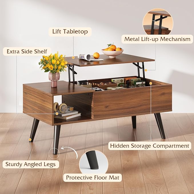 WLIVE Coffee Table for Living Room, Lift Top Coffee Table with Storage, Small Rising Wooden Dining Center Table with Storage Shelf & Hidden Compartment, 39" Brown