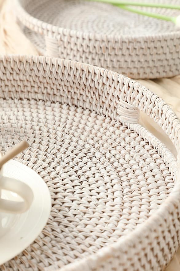 HITOMEN 14.2" Hand-Woven Round Rattan Serving Tray Decorative Ottoman Wicker Platter with Handles for Coffee Table, Breakfast, Drinks, Snack, Bread, Fruit, Vegetables (Whitewash-L)