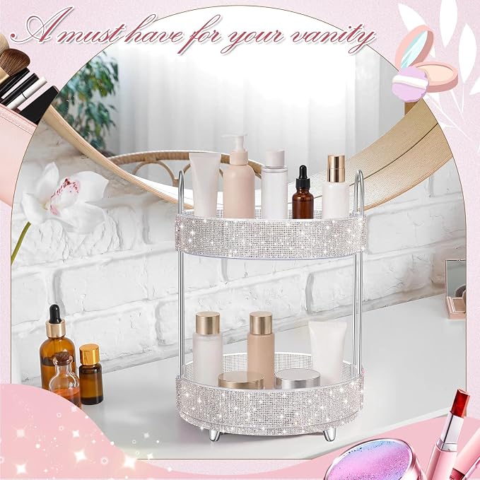 Honeydak 360 Rotating Perfume Organizer Gift for Women, Rhinestone Preppy Skincare Organizer Bathroom Counter Makeup Holder Skincare and Perfume Storage for Cosmetic(2 Tiers,Rhinestone,White)