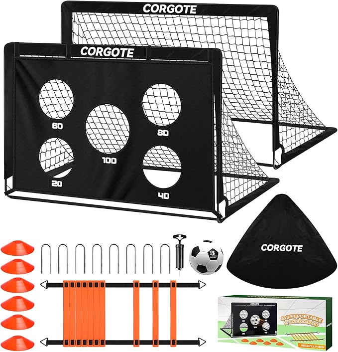 Kids Soccer Goal for Backyard Set, 2 Pack of 4x3 Toddler Soccer Net Practice Equipment with Ball, Training Equipment with Target Ball & Cones, Soccers Gifts for Boys 3-12, Outdoor Sports Toys