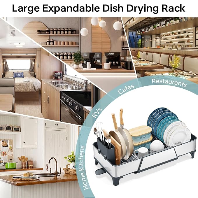 Urackify Large Dish Drying Rack - Triple Expandable Dish Rack for Kitchen Counter, Stainless Steel Sink Organization and Storage Essentials with Utensil & Pans Holder for Home and Appartment, Gray