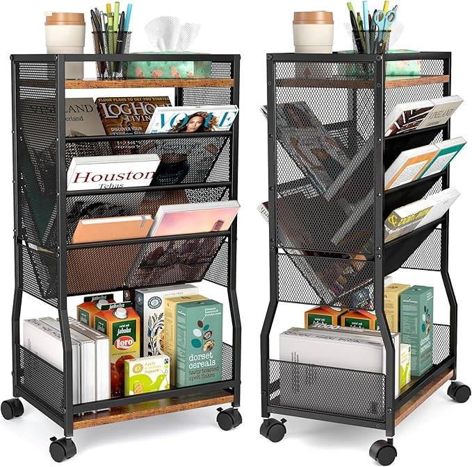 DAOUTIME 8 Tier Rolling Book Cart with Wheels, Mobile Book Storage Cart with 2 Sides Access Bookcase for Narrow Space, Rolling File Organizers and Storage for Home Office Living Room Classroom School