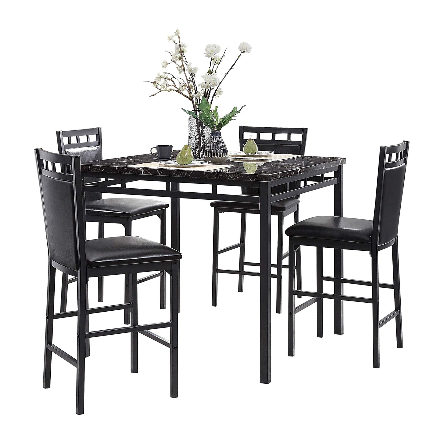Lexicon Ellis 5-Piece Dining Table Set, Dining Room Table Set for 4, Counter Height Dining Table with 4 Metal Frame Chairs with Faux Leather Seats for Kitchen, Bar, Breakfast Nook, Small Space, Black