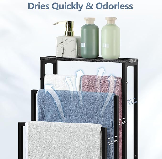 Freestanding Towel Rack for Bathroom 3 Tier Metal Floor Towel Stand Industrial Blanket Ladder Holder with Storage Shelf for Bedroom Living Room, Black