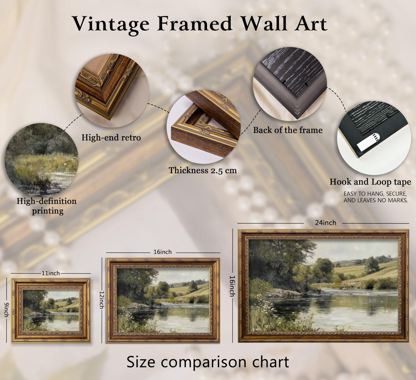 Vintage Gold Framed Wall Art Retro Rustic Farmhouse Green Nature Landscape Painting Picture Canvas Fall Forest Antique River Rural Wildflower Lakes Scenery Picture Poster for Living Room Home