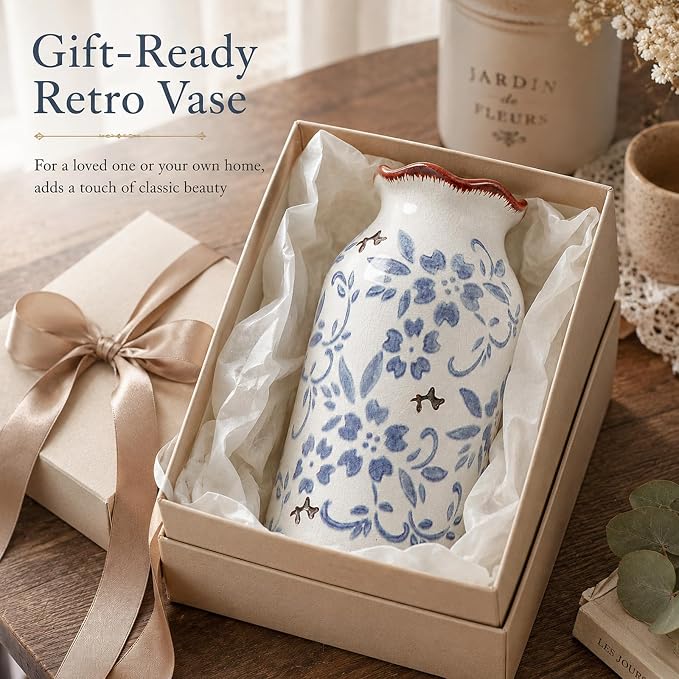 Blue Vase Chinese Ceramic Crackle Floral Vase for Blue and White Porcelain Home Bookshelf Living Room Table Centerpiece Decor