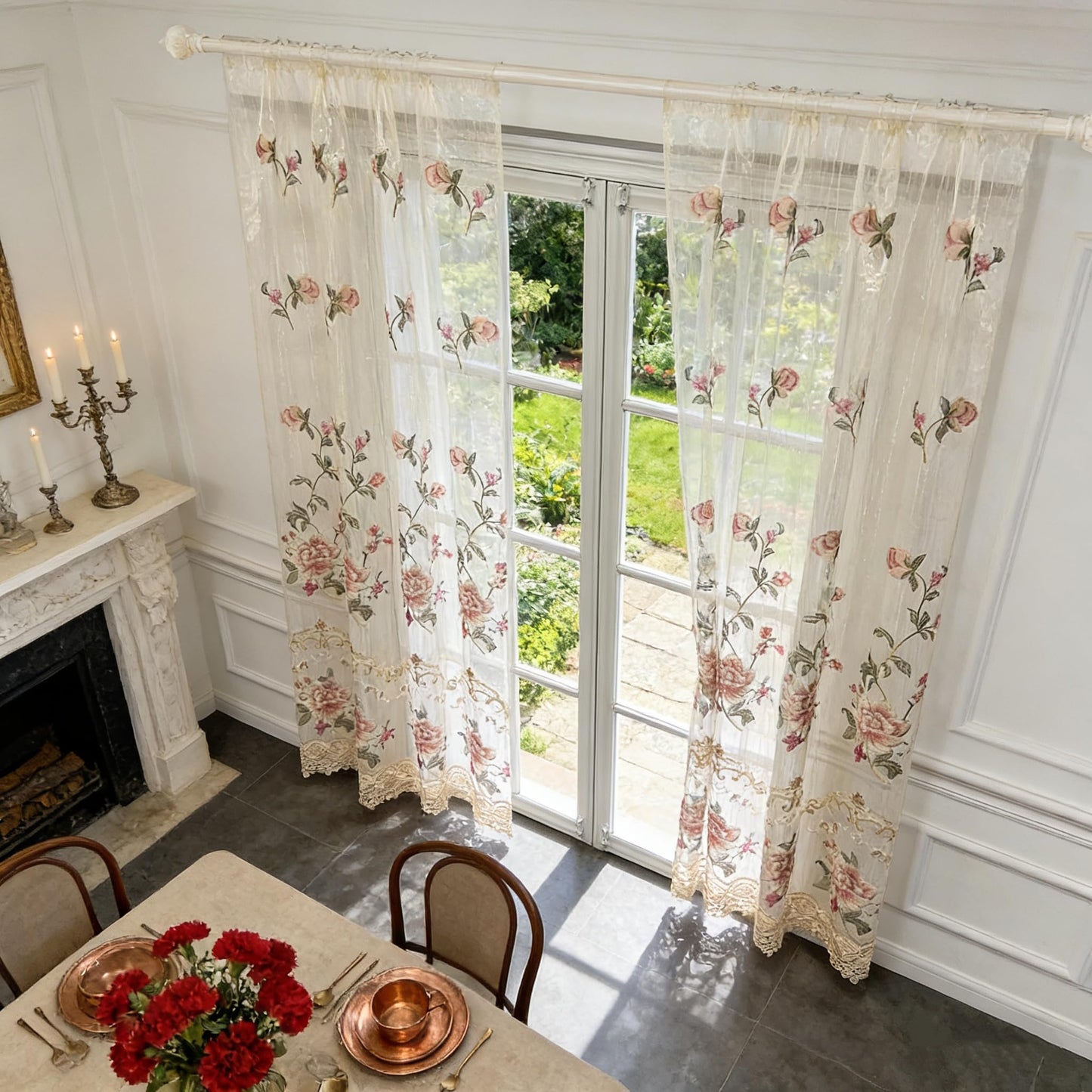 WPKIRA Delicate European Embroidered Floral Sheer Curtains Rod Pocket Royal Romantic Window Treatment Voile Curtain for Bedroom/Villa Natural Light Flow Luxury Tulle Curtain 1 Panel W40 x L84 inch