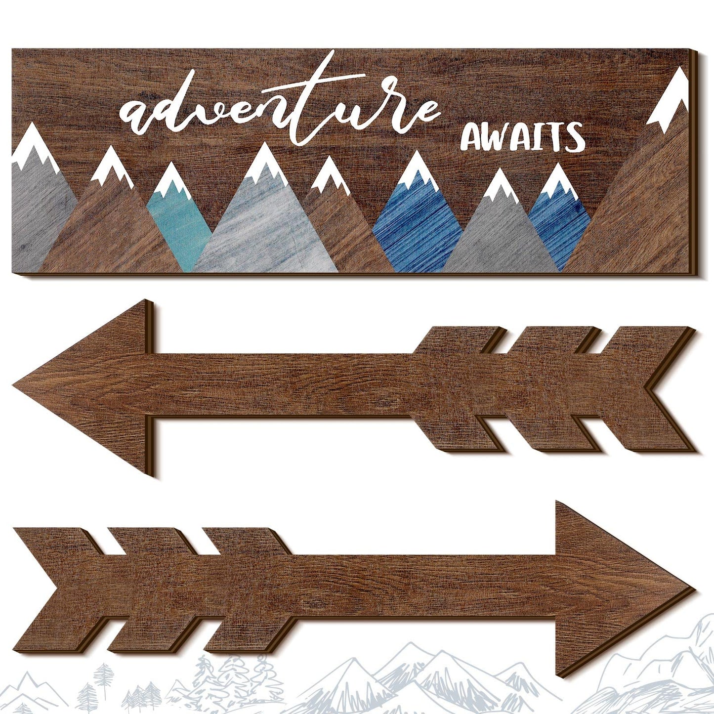 Yookeer 3 Pieces Adventure Awaits Wood Rustic Sign Wood Arrows Wall Decor Inspirational Wooden Decorative Rustic Home Wall Hanging Geometric Mountain Canvas Art for Home Office Room