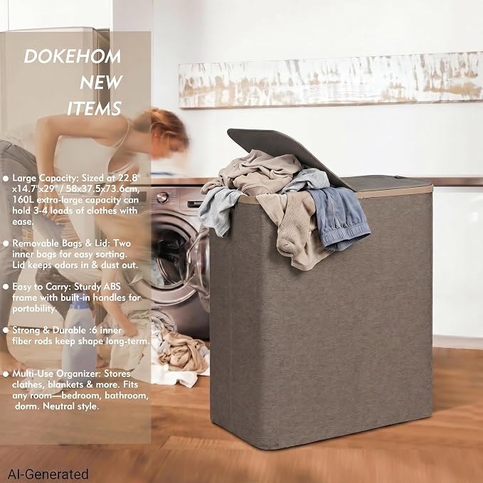 DOKEHOM 160L Extra Large Laundry Hamper with Lid, 2-Section Double Laundry Basket with Removable Mesh Liner Bags, Collapsible Clothes Sorter for Family, Bedroom, Laundry Room, Khaki