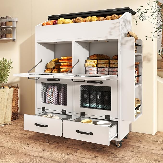 Verano Garden Large Potato and Onion Storage Bin on Wheels, Wood Bread Box w/Lid & Mesh Doors, 4-Tier Rolling Fruit and Vegetable Storage Organizer w/Grocery Section & Side Rack (White, 31.5")