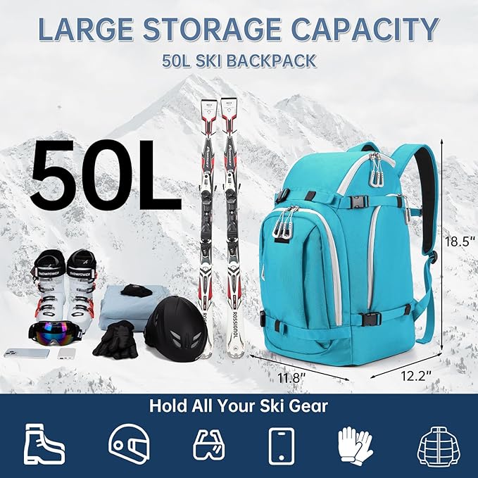 Ski Boot Bag, 50L Ski Boot Travel Backpack for Skis, Snowboard & Accessories, Waterproof Padded Ski Boot Bag Backpack