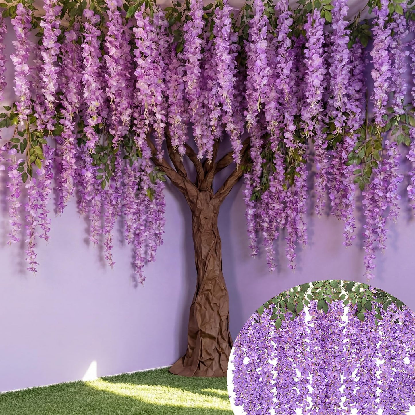 Giegxin Purple 26 Pcs 3D Wisteria Tree for Classroom Room Ceiling Wall Decor Bulletin Board Large Wisteria Garland with 5 Metal Mesh Panel Artificial Fake Hanging Flower Wedding Bedroom Backdrop
