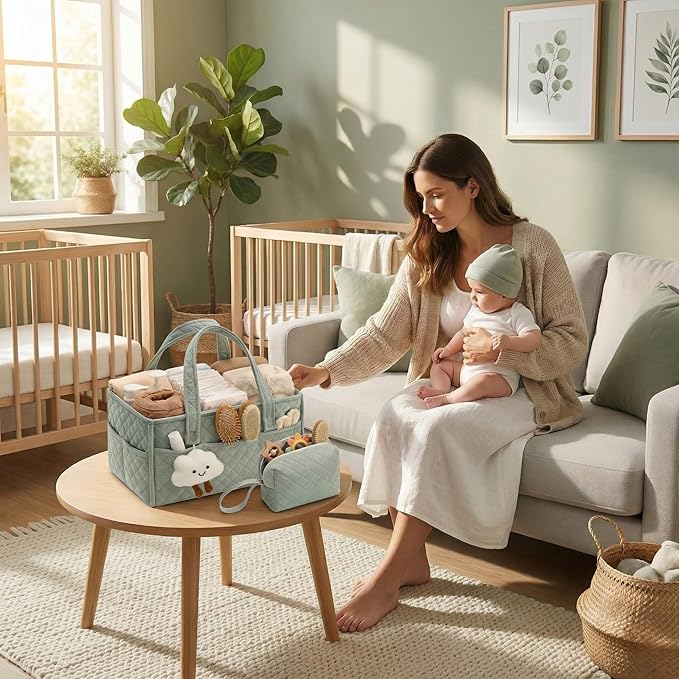 PeraBella Baby Diaper Caddy Organizer, Baby Basket Shower Gift, Portable Changing Table Basket, Postpartum Caddy & Tote Bag Pouch, Newborn Boy & Girl Nursery Essentials Registry, Car Diaper Organizer