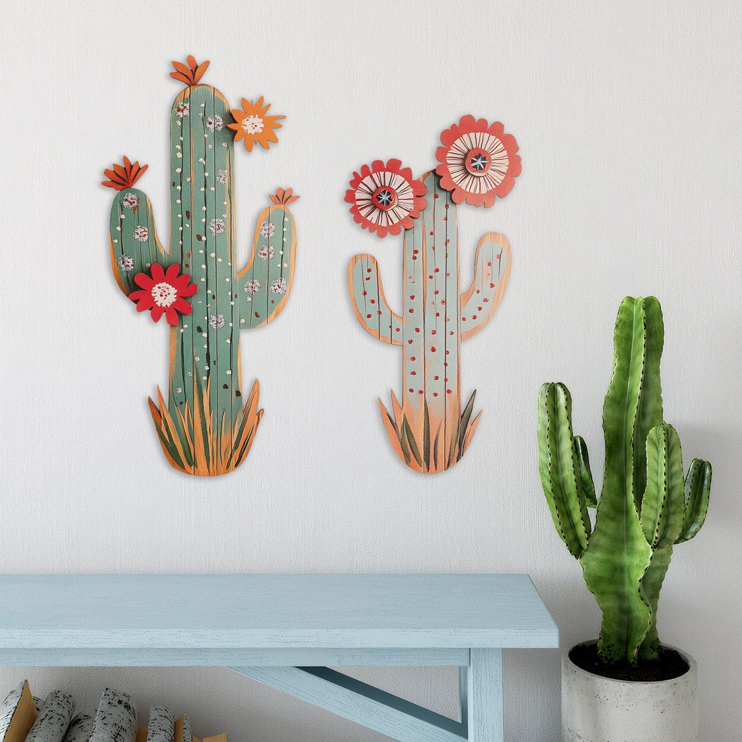 flangairy 3D Cactus Wall Decor, Set of 2 Wooden Cactus Flower Picture Southwestern Wall Art, Western Room Bathroom Bedroom Nursery Kitchen Decorations for Home