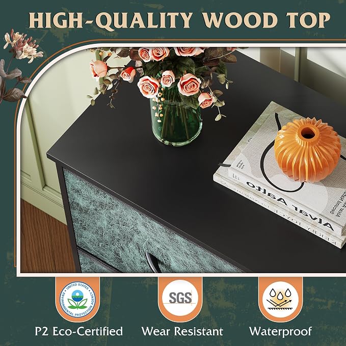 WLIVE Dresser with 4 Drawers, Storage Tower, Organizer Unit, Fabric Dresser for Bedroom, Hallway, Entryway, Closets, Sturdy Steel Frame, Wood Top, Easy Pull Handle, Vintage Green
