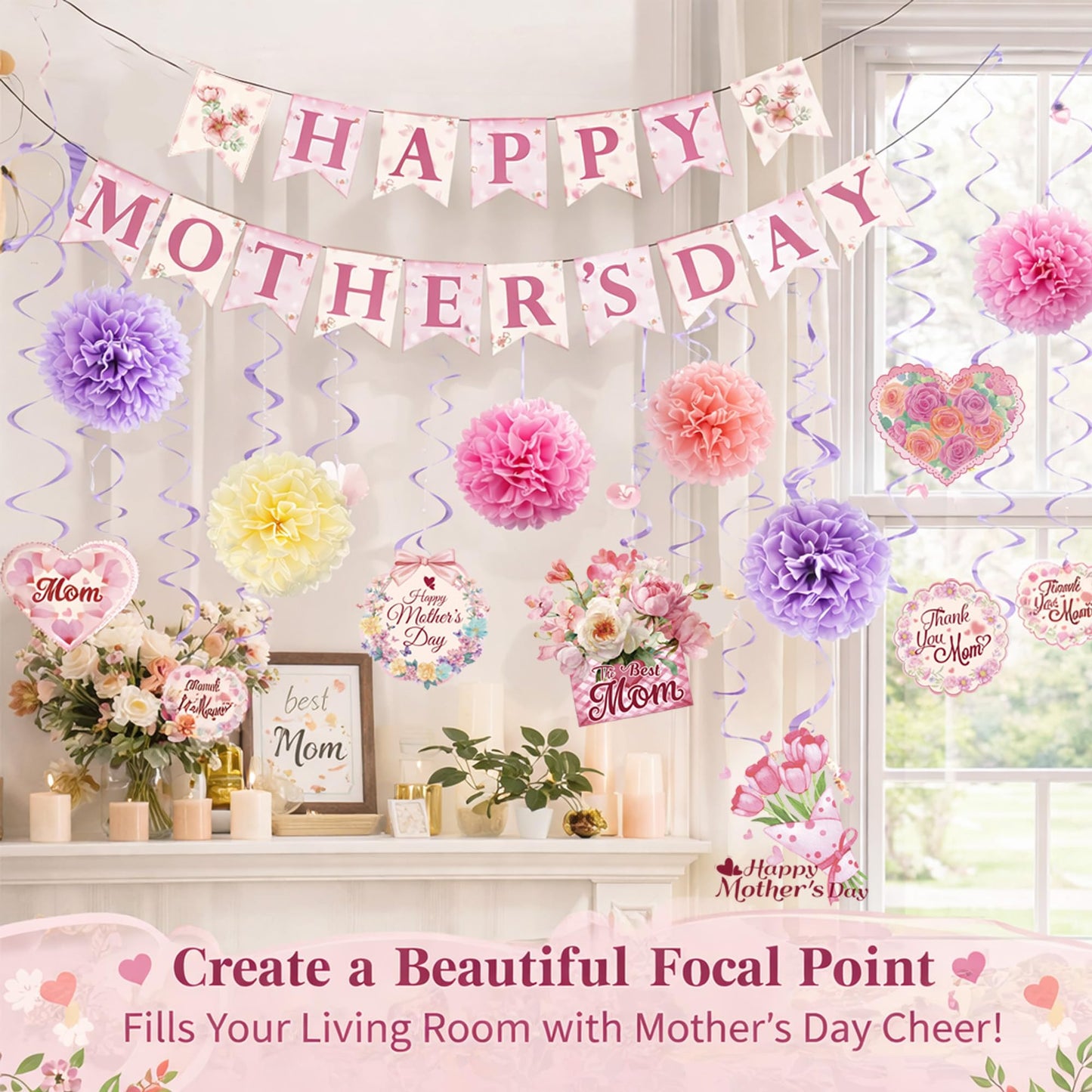 Mother's Day Decorations Set - Happy Mother's Day Banner, 6PCS Paper Pom Poms, 13Pcs Hanging Swirls with Best Mom Cardstock Cutouts - Floral Pink Party Supplies for Home, Mantle, Wall Decor