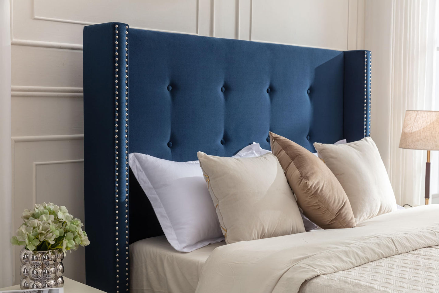 GDFStudio Tall Headboard Upholstered Bed,Queen Size Platform Bed Frame with Headboard Nailhead Trim Wingback,54" High No Box Spring Needed Easy Assembly Traditional Hand Buttoned Tufting Blue Velvet