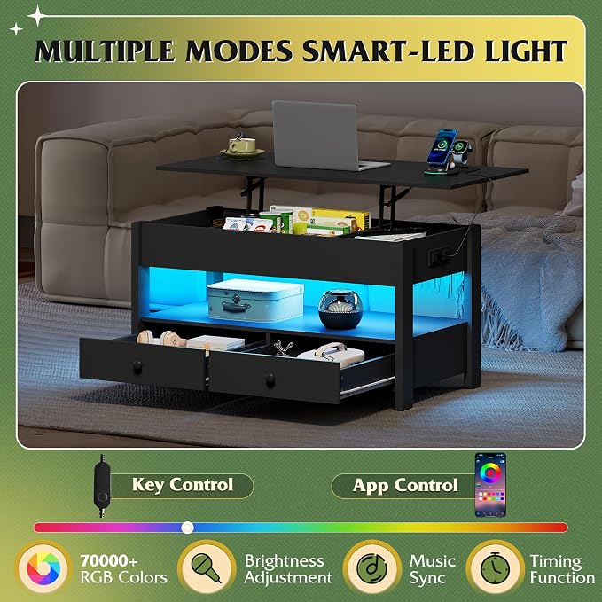 WLIVE Coffee Table, Lift Top Coffee Table with Drawers, LED Light, Large Storage and Open Shelf, Lift Tabletop for Living Room, Deep Black