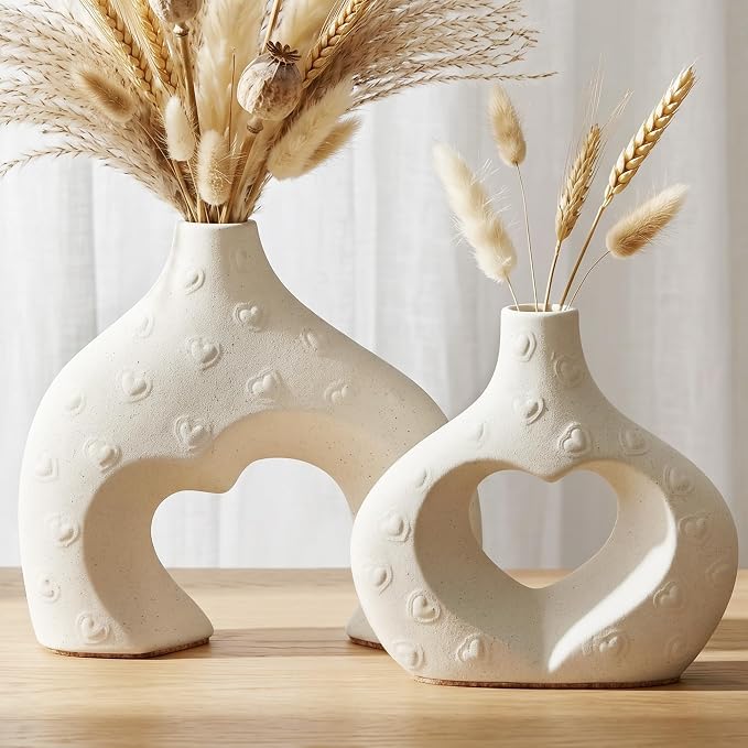 Ceramic Heart Flower Vase Home Decor Set of 2, Farmhouse Table Vases Rustic Vintage Living Room Kitchen Bedroom Decorations for House Book Shelf Office Coffee Desk Dining Fireplace