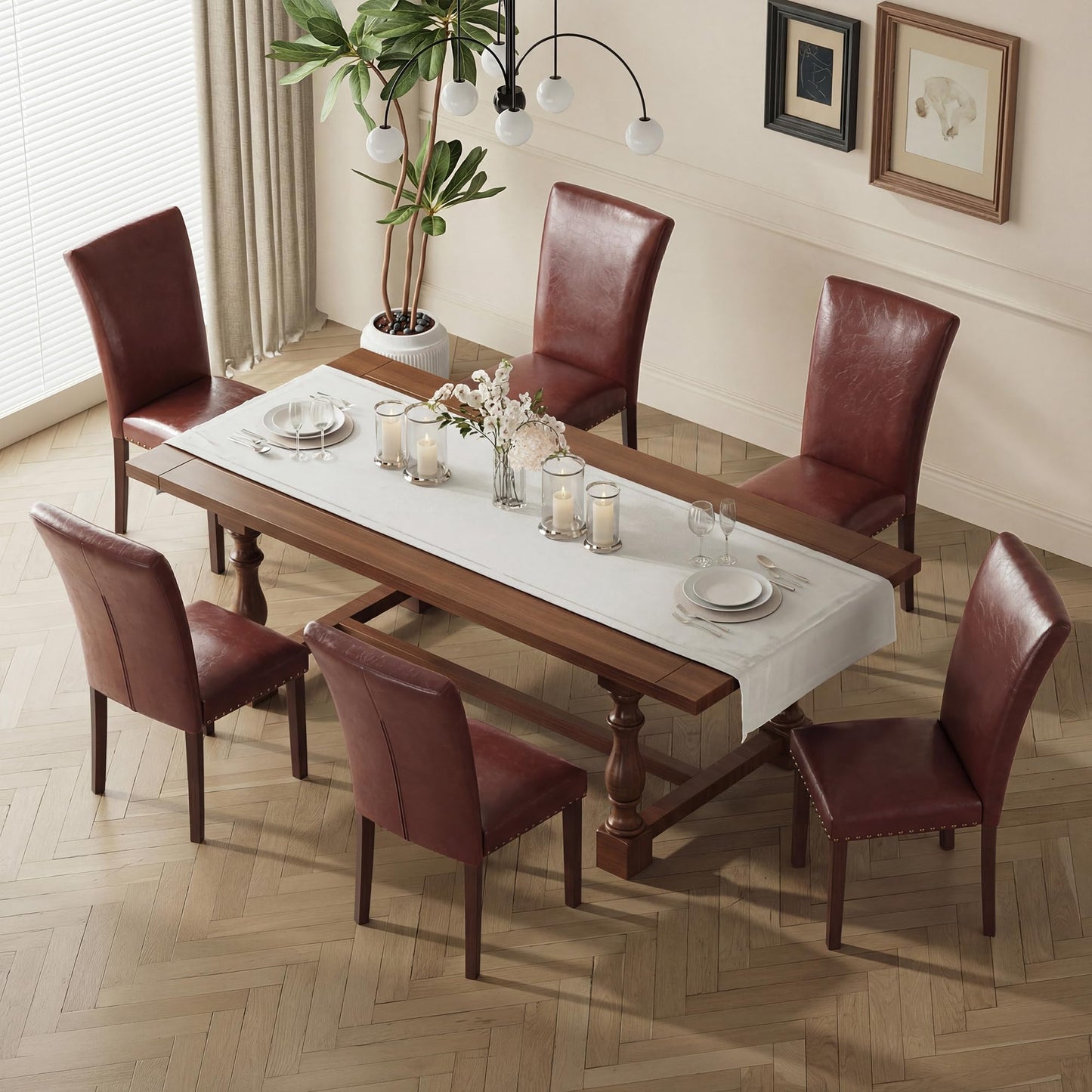 MALOL High Back Dining Chairs Set of 4, Leather Dining Room Chair with Wood Legs and Nailhead Trim, Modern Padded Kitchen Chairs for Dining Room/Restaurant, Brown