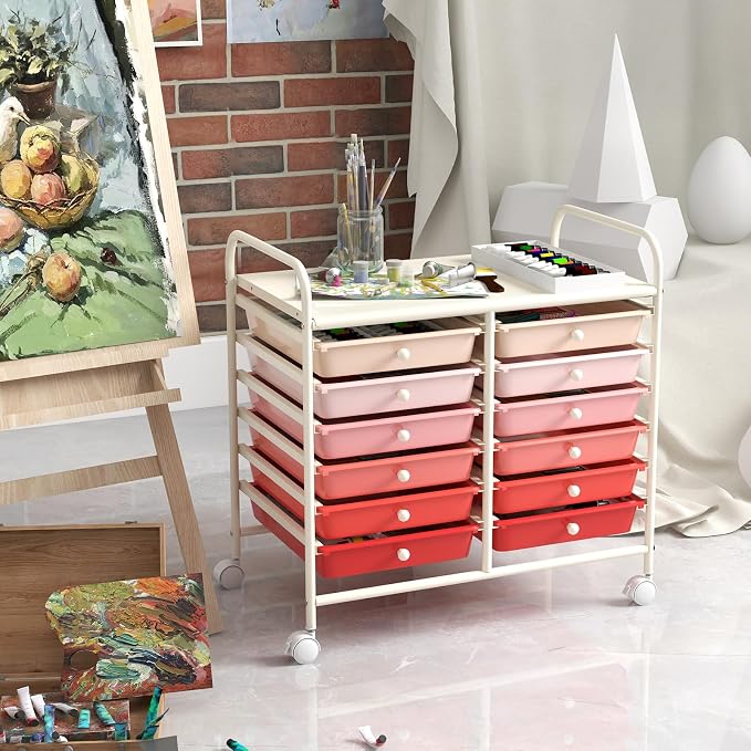COSTWAY 12-Drawer Rolling Storage Cart, Utility Storage Organizer Cart for Tools, Scrapbook, Paper, Craft, Multipurpose Art Supply Organizer on Wheels for Home Office School, Teacher, Mixed Pink