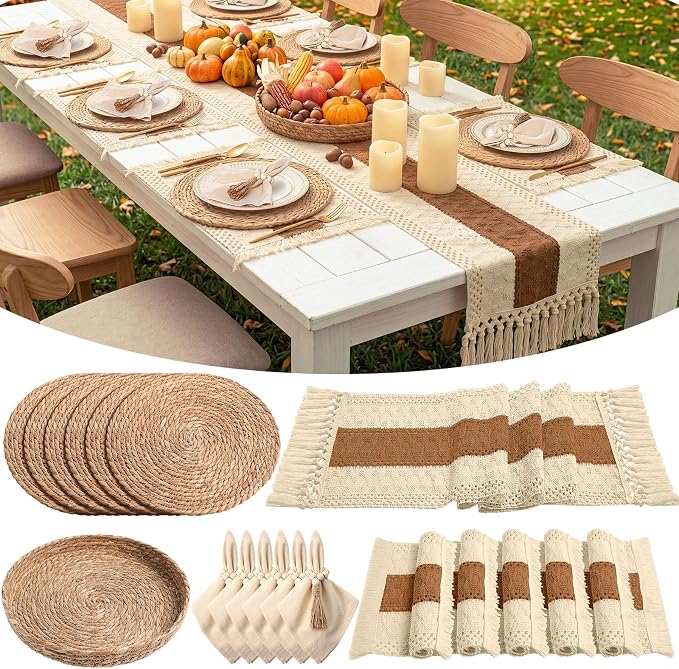 6 Sets Boho Decoration Placemats Round Woven Placemats, Cloth Napkins, Wood Bead Napkin Rings, Long Table Runner and Farmhouse Burlap Cotton for Table Kitchen (Caramel,12x72)