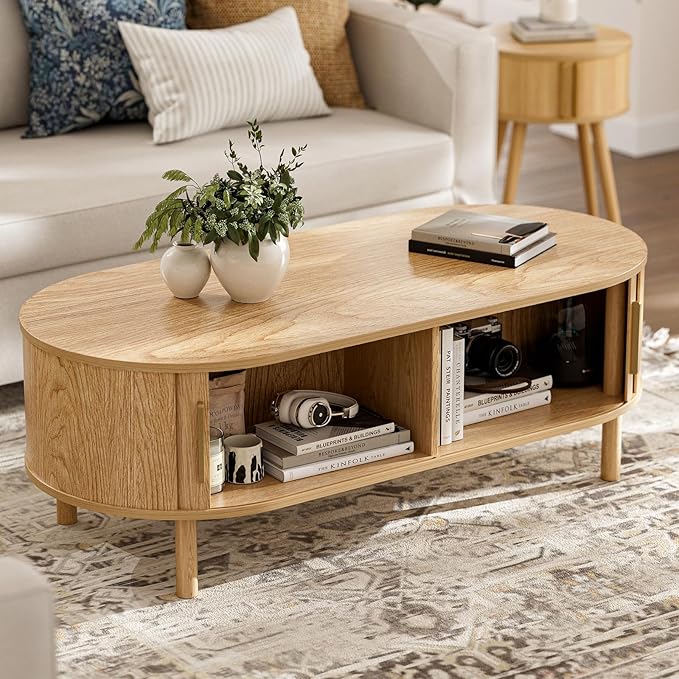 ZttRiee Coffee Table for Living Room, Modern Oval Coffee Table with Cabinets & Sliding Doors, Home Small Space, 47.2" Fluted Center Table, Natual